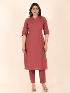 Aramya Pink Linen Cotton Solid Print Straight Kurta Set for Women | Grocsy
