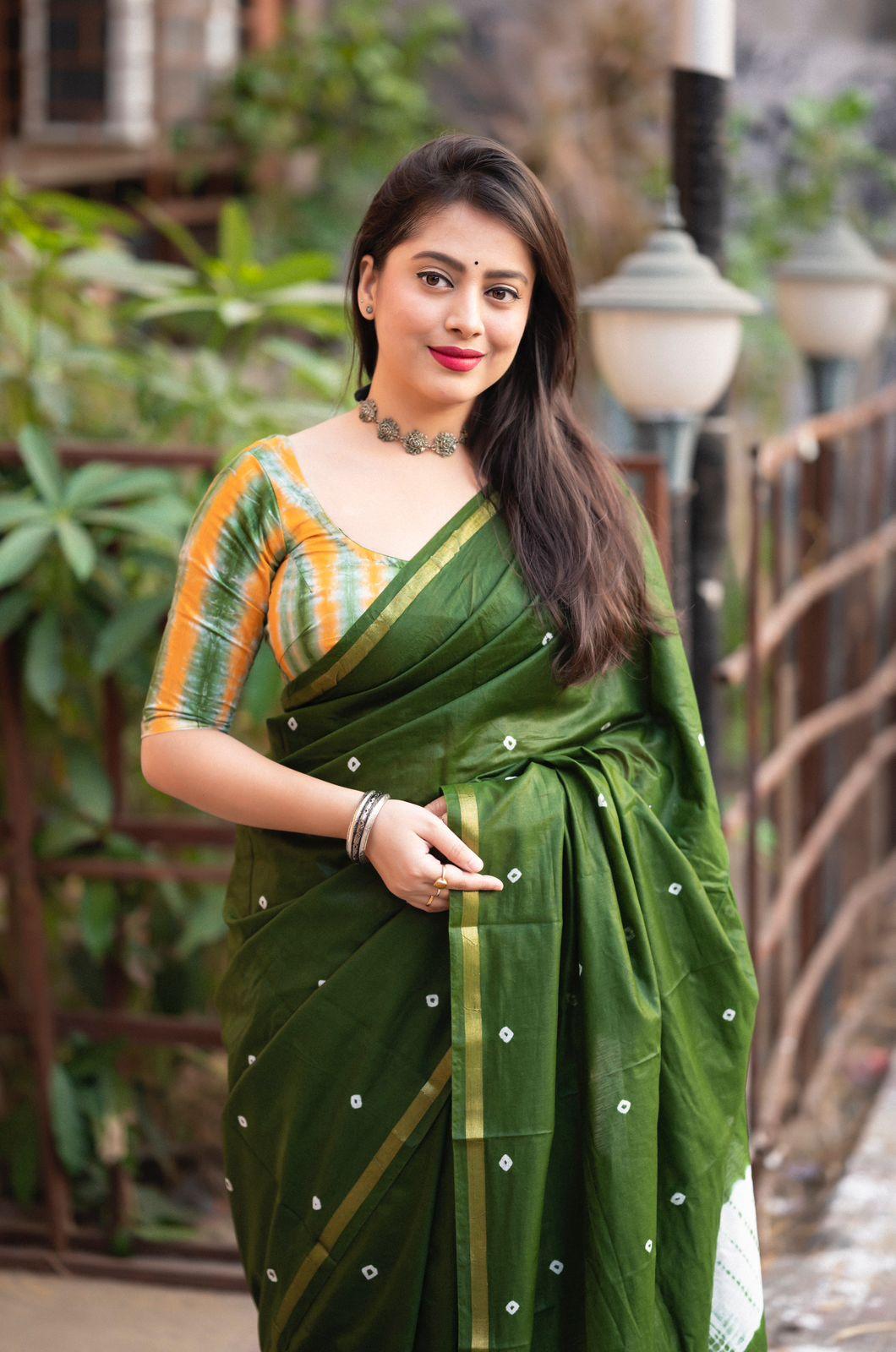 Mehndi Chanderi Cotton Block Print Saree with Unstitched Blouse - Hiral Fashion | Grocsy