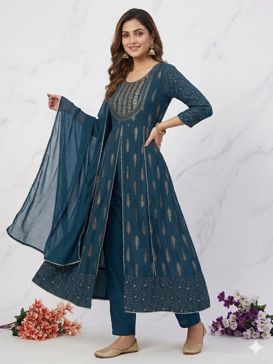 Teeya Creation Women's Teal Blue Fully Stitched Anarkali Suit With Pant And Dupatta | Grocsy