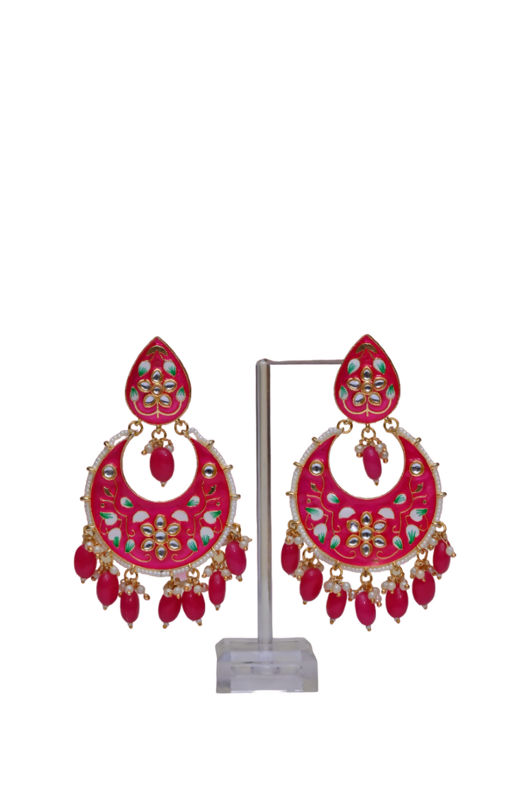 Pink Gold-Polished Brass & Pearl Dangle Women Earrings| Hand Painted Meenakari Chandbali Traditional Ethnic Wear Earrings By House of Ree - Swadesiicart