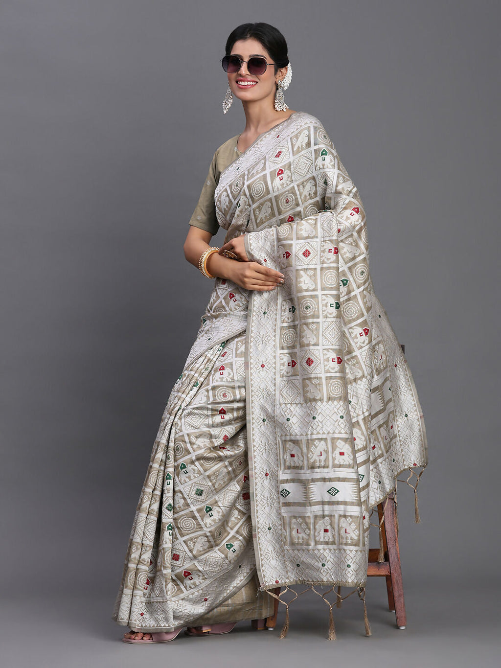 Shree Shyam Fashion Linen Cotton Beige Saree | Grocsy