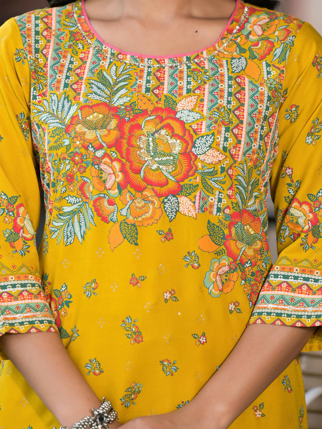 Juniper Women's Mustard Floral Printed Liva Rayon Kurta Pant And Dupatta Set With Sequins | Grocsy