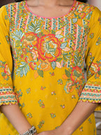 Juniper Women's Mustard Floral Printed Liva Rayon Kurta Pant And Dupatta Set With Sequins | Grocsy