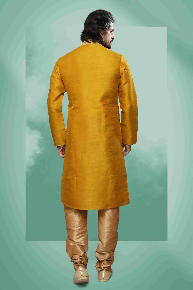 Raivat Ethnic Art Silk Mirror Embroidery Work Kurta Pajama In Mustard Colour | Grocsy