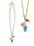 Bling Accessories Antique Brass Finish Leaf Turquoise & Coral Semi Precious Charm Metal Long Chain Necklace | Grocsy