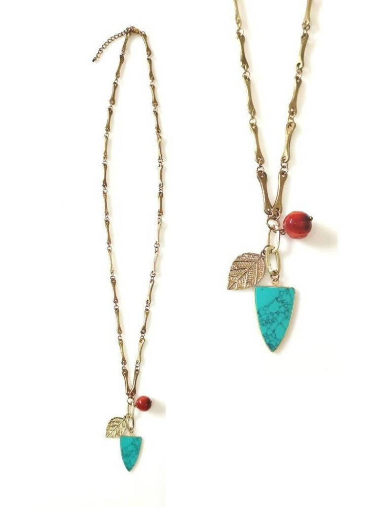 Bling Accessories Antique Brass Finish Leaf Turquoise & Coral Semi Precious Charm Metal Long Chain Necklace | Grocsy