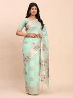 Shree Shyam Fashion Linen Cotton Sea Green Saree | Grocsy