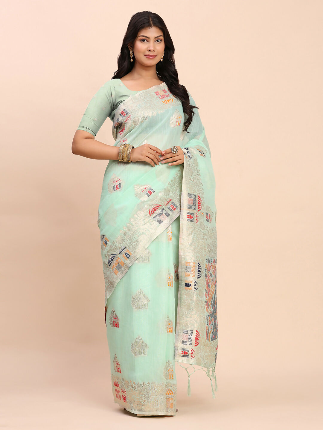 Shree Shyam Fashion Linen Cotton Sea Green Saree | Grocsy