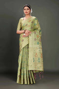 Green Soft Organza Woven Design Saree With Unstitched Blouse Piece - Zaara | Grocsy