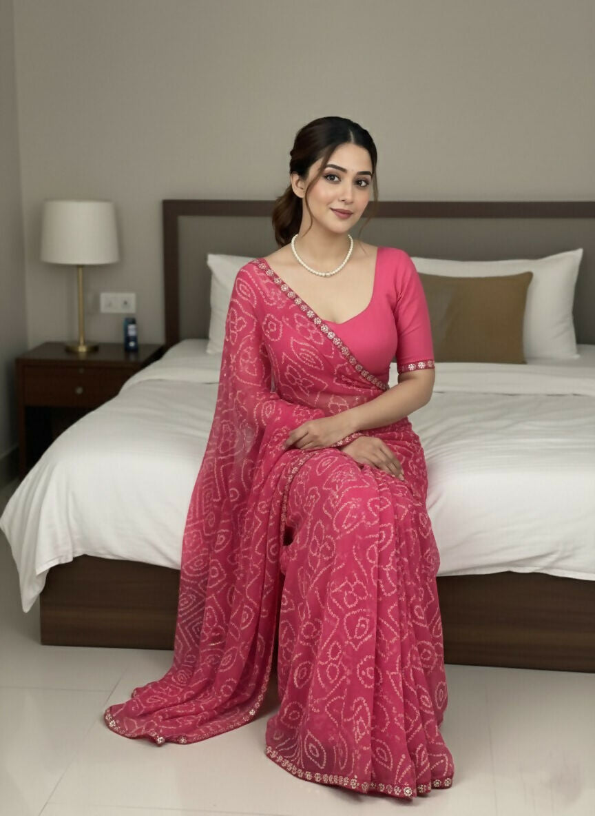 Teeya Creation Womens New Simply Daily Wear Georgette Saree-Pink | Grocsy