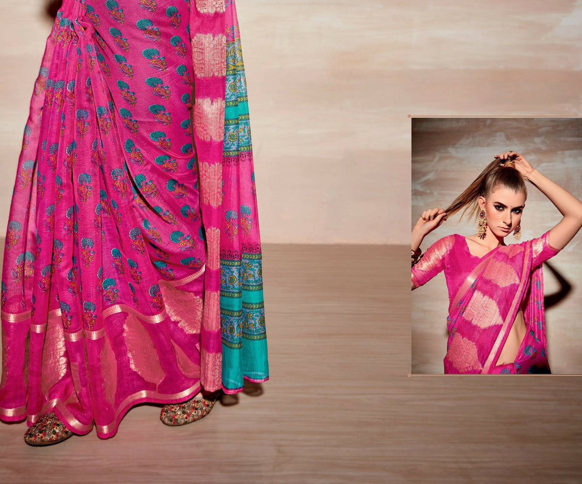 Pink Cotton Floral Printed Saree With Unstitched Blouse Piece - Kathika | Grocsy