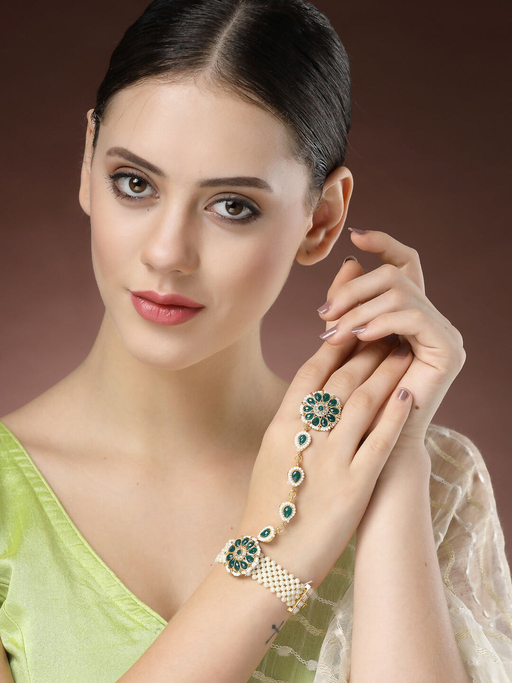 NVR Women's Green Gold-Polished Stone Studded Handcrafted Ring Bracelet | Grocsy