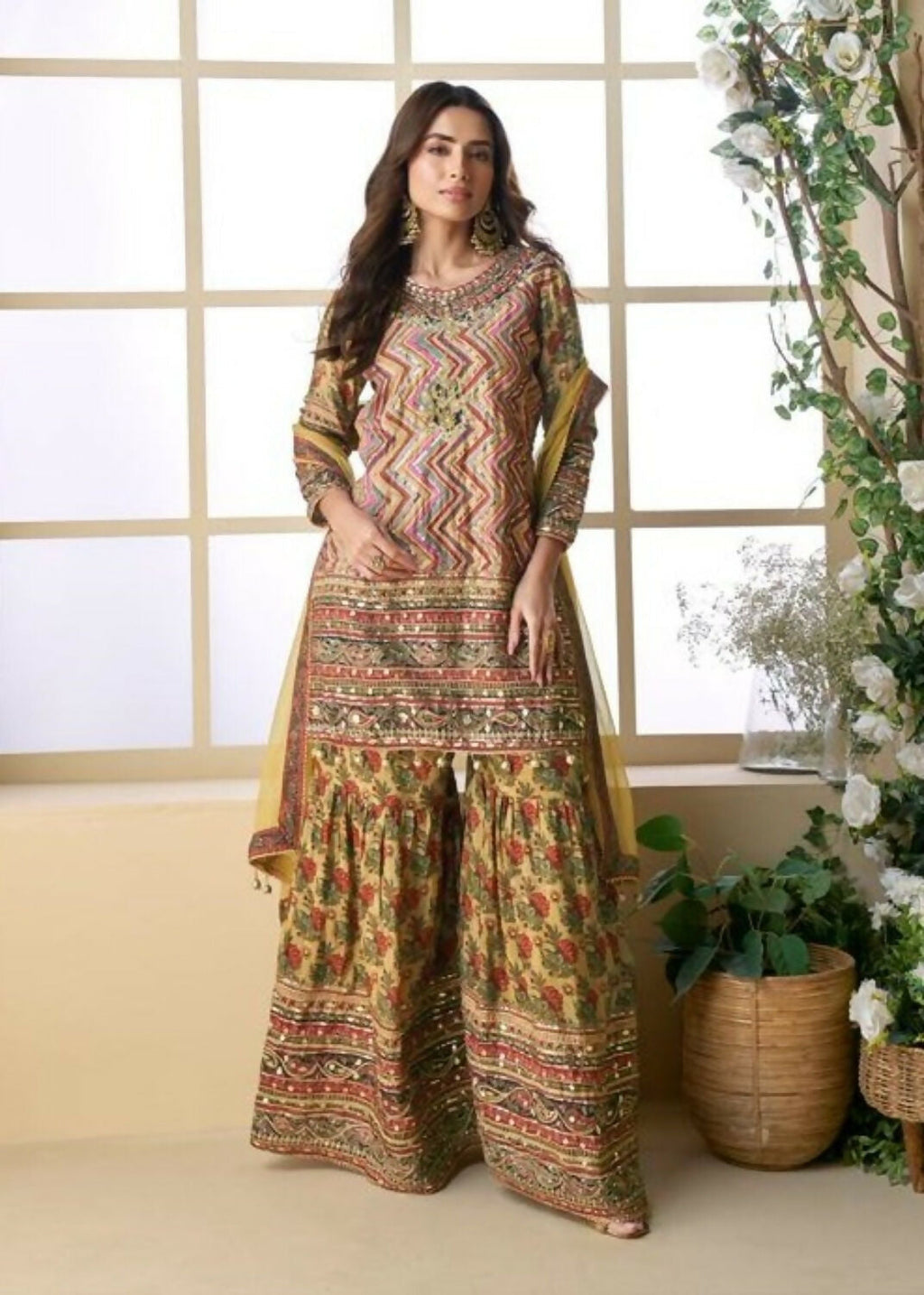 Anaita Yellow Heavy Crepe Silk Ready Made Suit with Multi Digital Printed & Aari Work | Grocsy
