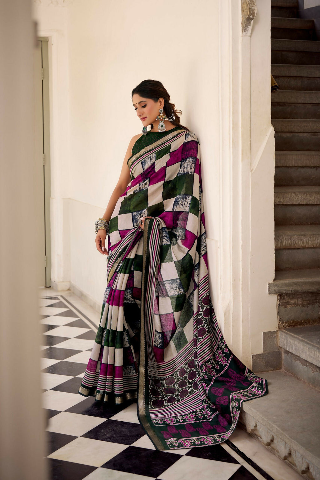 Vastranavya Green Viscose Chanderi Printed with Temple Border Saree & Unstitched Blouse | Grocsy