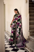 Vastranavya Green Viscose Chanderi Printed with Temple Border Saree & Unstitched Blouse | Grocsy