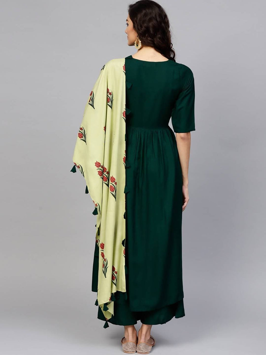 Cheera A-Line solid Green Kurta, Palazzo, Stole Set (CH043K) | Grocsy