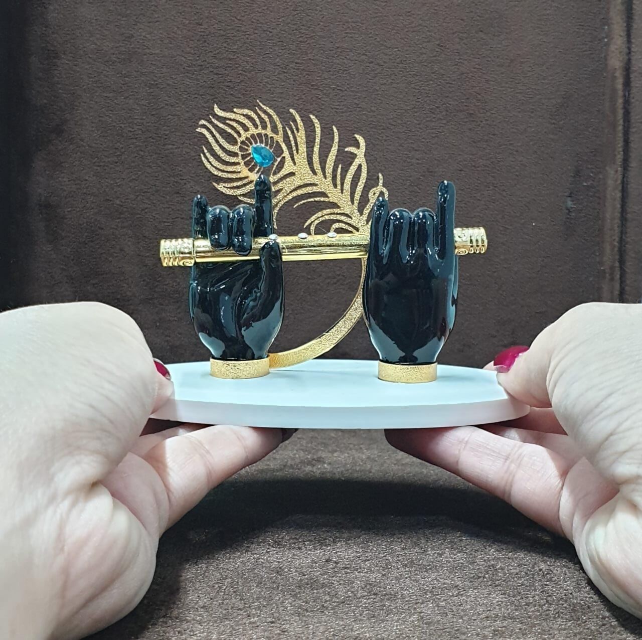 House Of Wemy Gold-Polished Lord Krishna Hands Idol with Flute and Pecock Feather - Black
