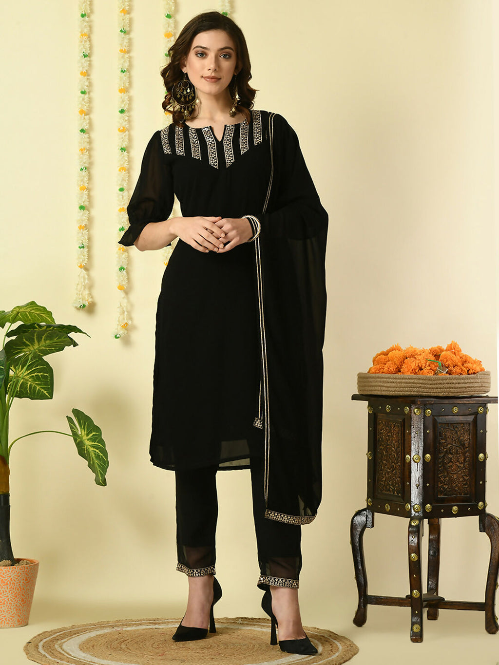 Myshka Women's Black Georgette Kurta & Trousers With Dupatta Party Sets | Grocsy