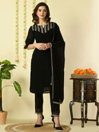 Myshka Women's Black Georgette Kurta & Trousers With Dupatta Party Sets | Grocsy
