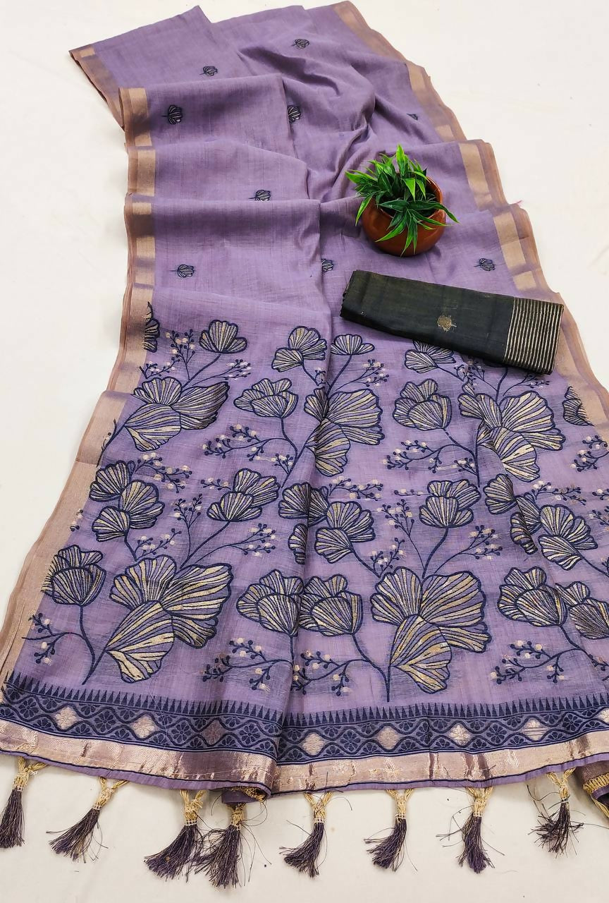Vastranavya Lavender Muga Cotton Meenakari & Azarakh Pallu Saree with Contrast Blouse | Grocsy
