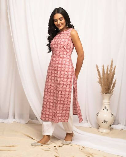 FIORRA Women's Floral Printed Pink Cotton Straight Kurta | Grocsy