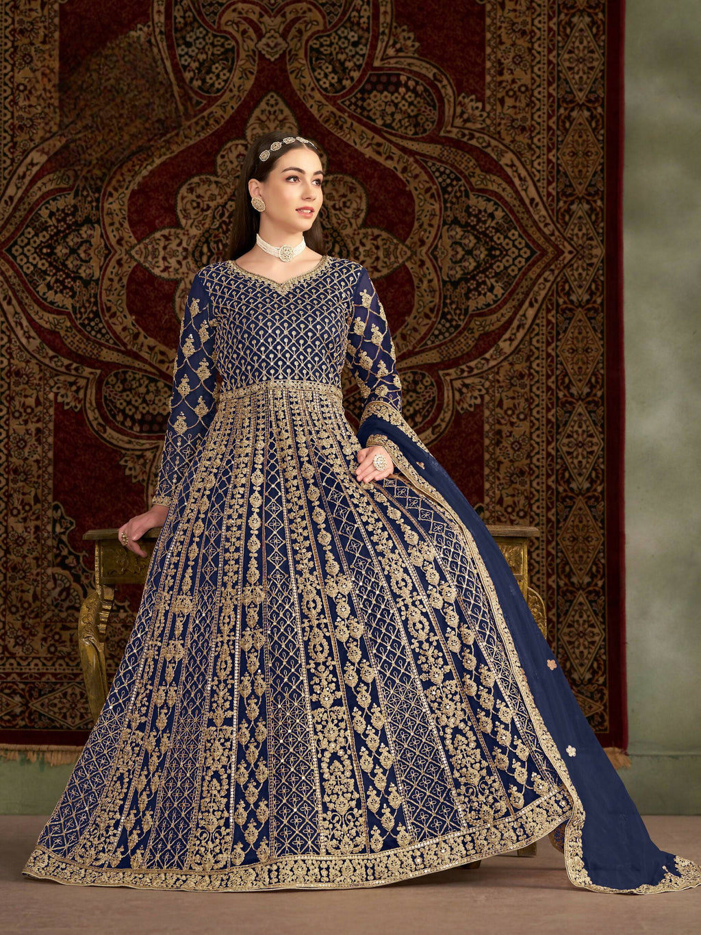 Anaita Navy Blue Embroidered Net Anarkali Suit | Grocsy