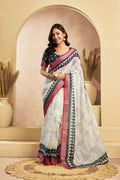 Vastranavya Digital Printed Linen Ready To Wear Pocket Saree with Unstitched Blouse | Grocsy