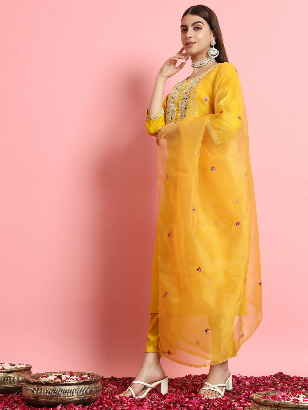 Vellora Sunshine Yellow Silk Blend Embroidered Casual Suit | Grocsy