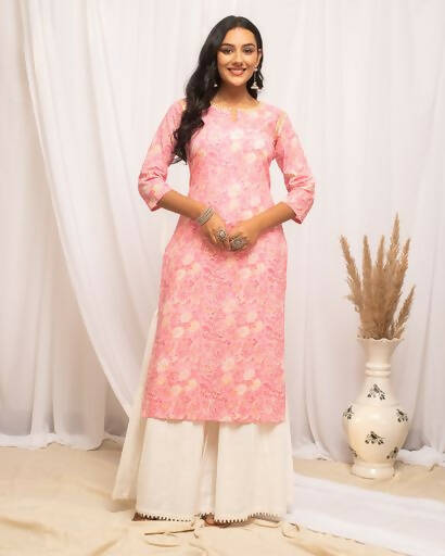 FIORRA Women's Floral Printed Peach Cotton Straight Kurta | Grocsy