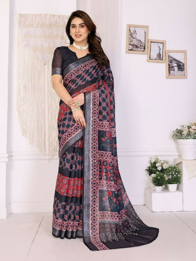 PR Fashion Wine Handloom Linen Cotton Zari Saree | Grocsy