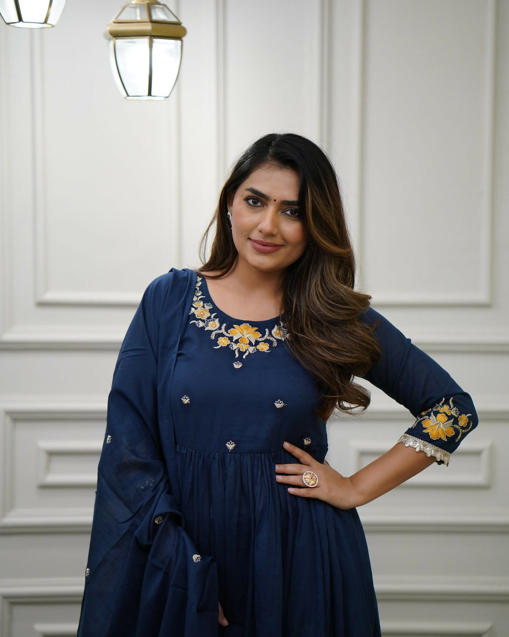 The52 Blue Women's Gorgeous Viscose Fabric Embroidered Work Flared Kurta Pant and Dupatta Set | Grocsy
