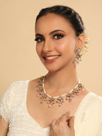 Nuyug 22K Gold Plated Pearl Empress Flora Pink Stone Drops Necklace Set | Grocsy