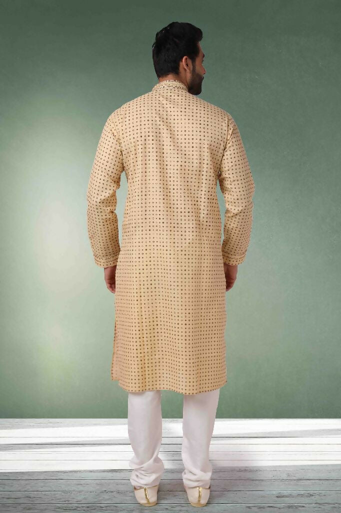 Raivat Ethnic Cotton Printed Work Kurta Pajama In Beige Colour | Grocsy