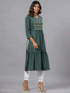 Juniper Women Green Seer Sucker Embroidered High Slit Kurta | Grocsy