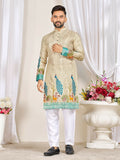 Anaita Beige Dola Silk Straight Kurta With Foil Work | Grocsy