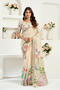 Vastranavya Cream Digital Printed Linen Ready To Wear Designer Saree with Unstitched Blouse | Grocsy