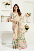 Vastranavya Cream Digital Printed Linen Ready To Wear Designer Saree with Unstitched Blouse | Grocsy