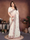 Teeya Creation New Womens Latest Party Wear Soft Chiffon Silk Saree-White | Grocsy