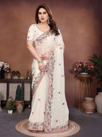 Teeya Creation New Womens Latest Party Wear Soft Chiffon Silk Saree-White | Grocsy