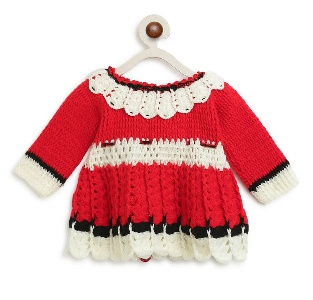 ChutPut Hand knitted Crochet Red Panda Wool Dress For Baby Girls - Red | Grocsy
