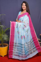 Jyoti Fashion Women's Pink Linen Silk Digital Print with Jacquard Woven Border Saree with Blouse | Grocsy