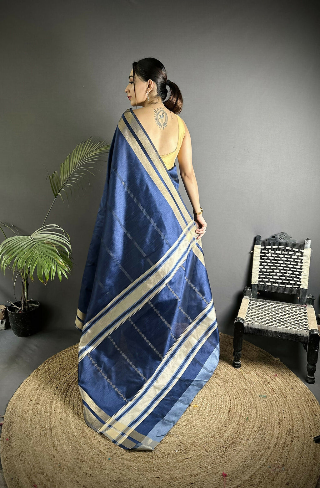 Joban Fashion Navy Blue Woven Pattern Raw Silk Kanjivaram Silk Saree | Grocsy