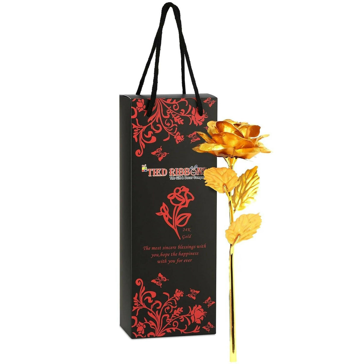 Tied Ribbons Gold-Polished Artificial Rose Flower With Box - Valentine's Day Gifts | Grocsy