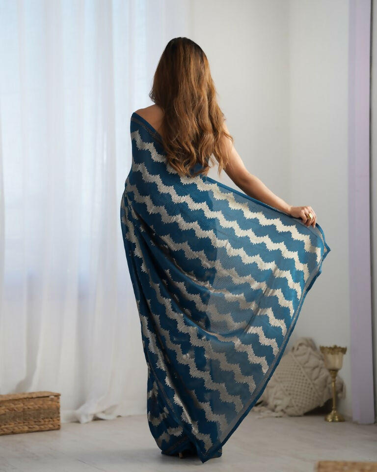 Petrol Georgette Sequance Embroidery Work Border Saree - Sitare | Grocsy