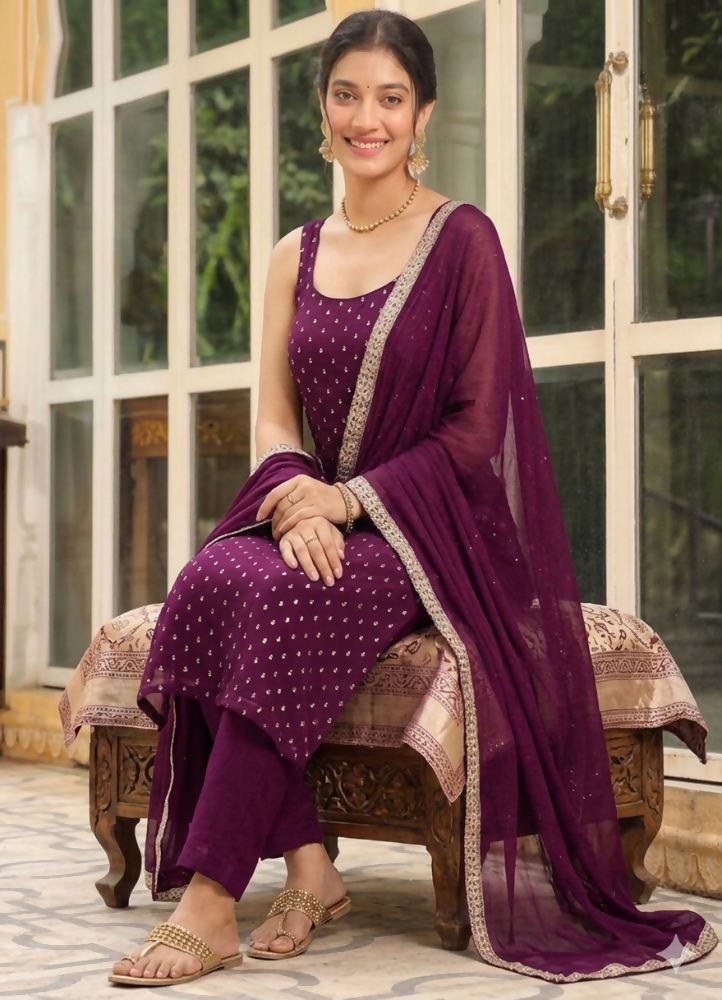 Teeya Creation Womens New Elegant Wine Embroidered Kurti with Matching Bottom Set | Grocsy