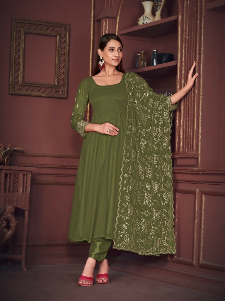Jyoti Fashion Women's Olive Green Georgette Embroidered Anarkali Kurta Pant Set With Dupatta | Grocsy