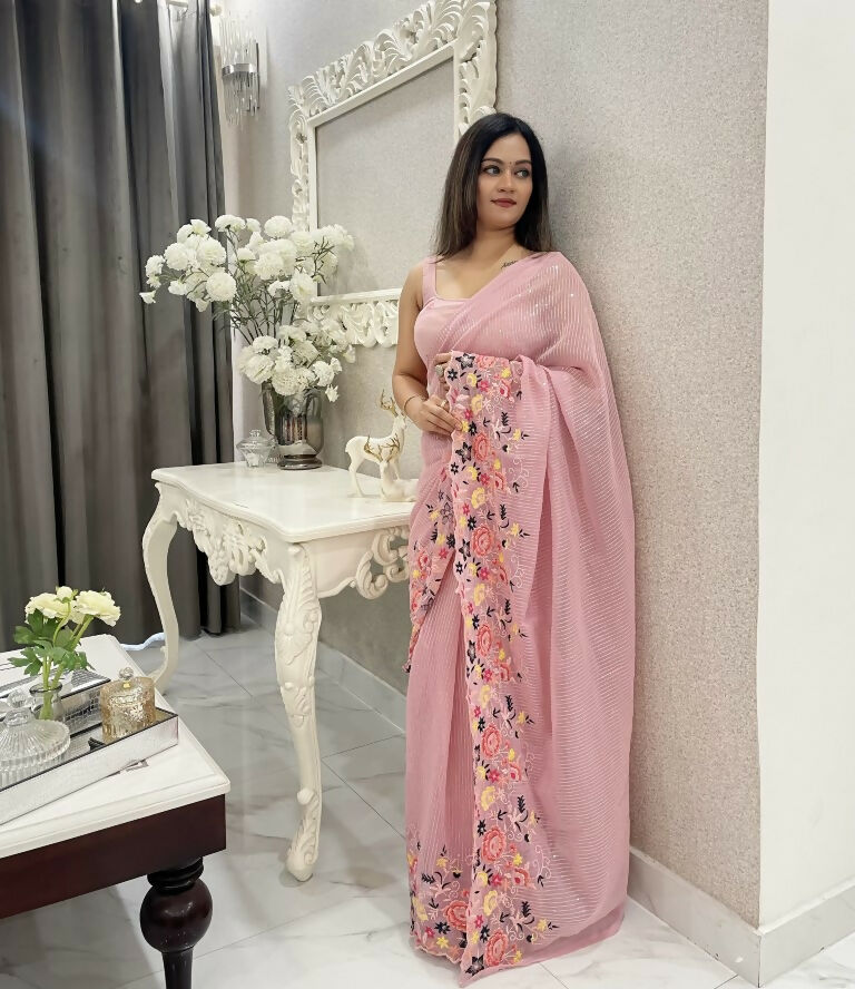 Pink Shimmer Silk Multi Thread Sequence Embroidery Work Saree - Kashta | Grocsy