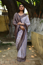 Joban Fashion Pastel Blue Crepe Chiffon Pure Handloom Banarasi Silk Saree | Grocsy