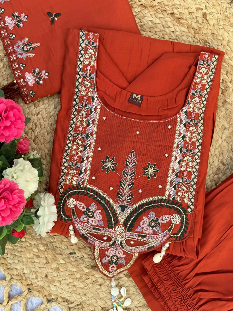 Lehenga Mart Designer Anarkali Suit With Kurta, Pant, Dupatta For Women-Rust Orange | Grocsy