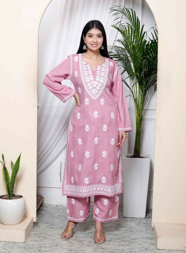 Miravan Womens Pink Embroidered Kurta With Palazzo | Grocsy